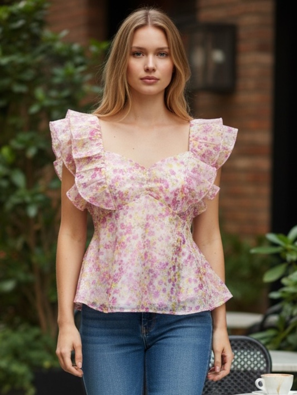 Wildfox Floral Ruffle Blouse in Pink and Yellow